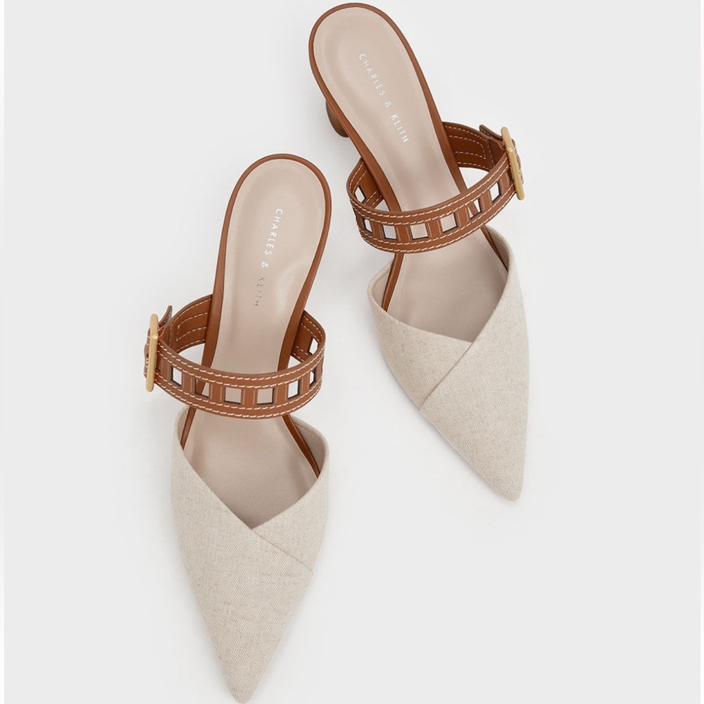 Charles & Keith Beige Pointed-Toe Slingback Heels with Brown Strap - Picture 6 of 10